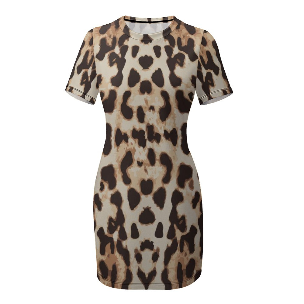 Lordela Leopard Print Crew Neck Short Sleeve Dress