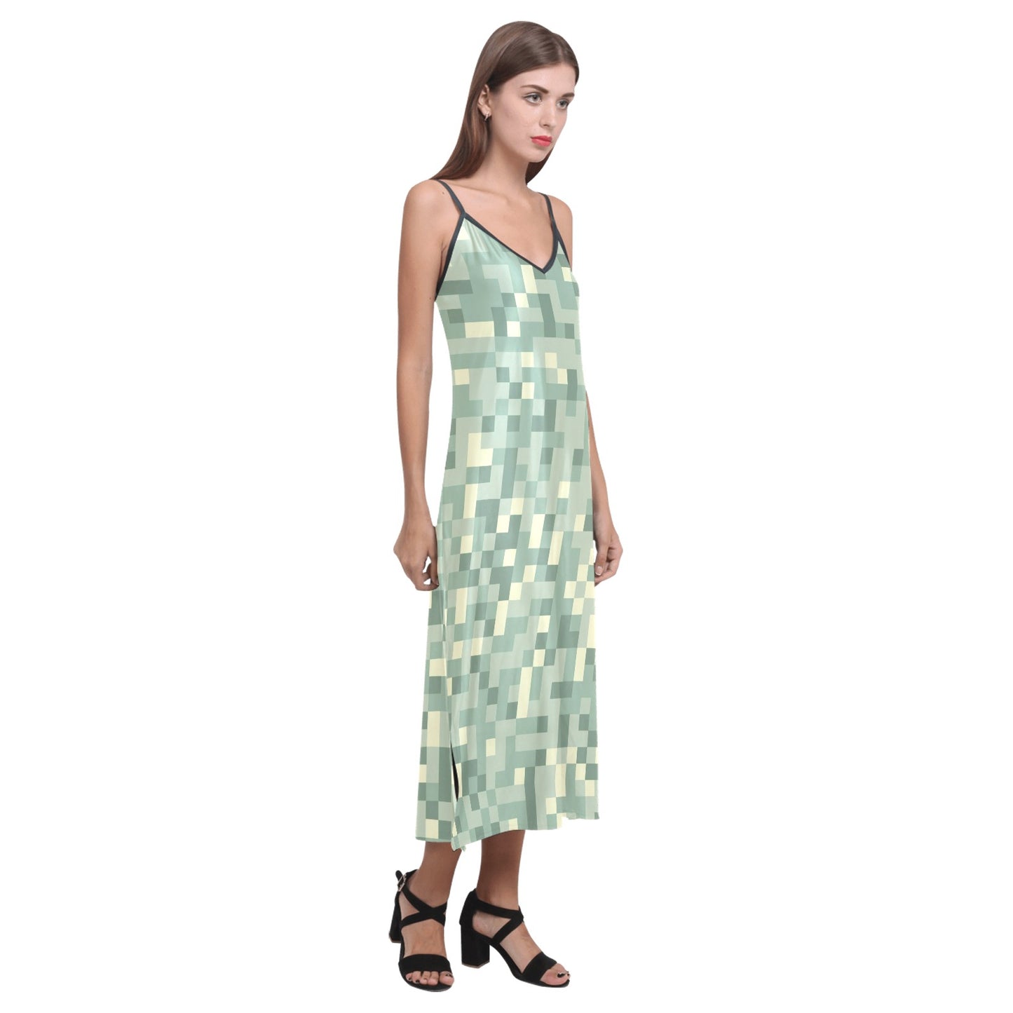 Lordela Pixilated V-Neck Open Fork Long Dress