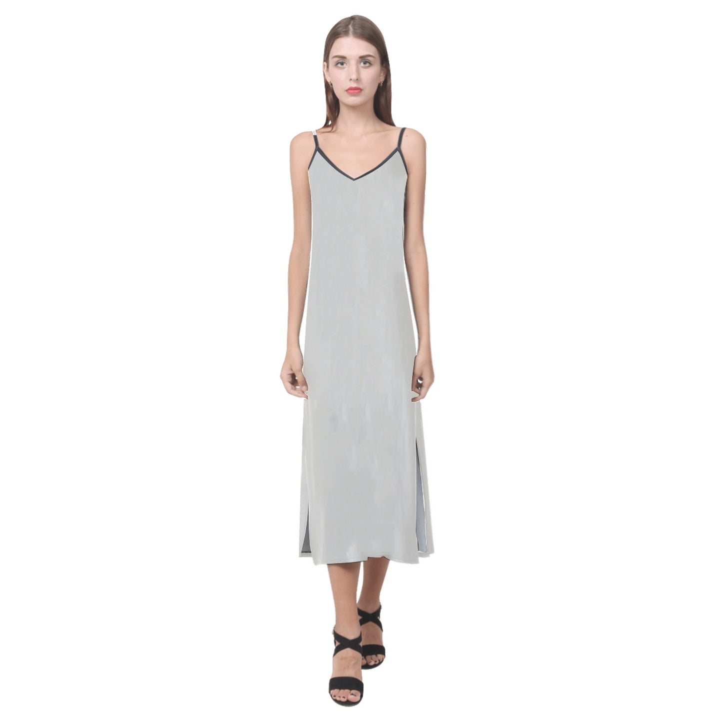 Lordela Dark Grey V-Neck Open Fork Long Dress