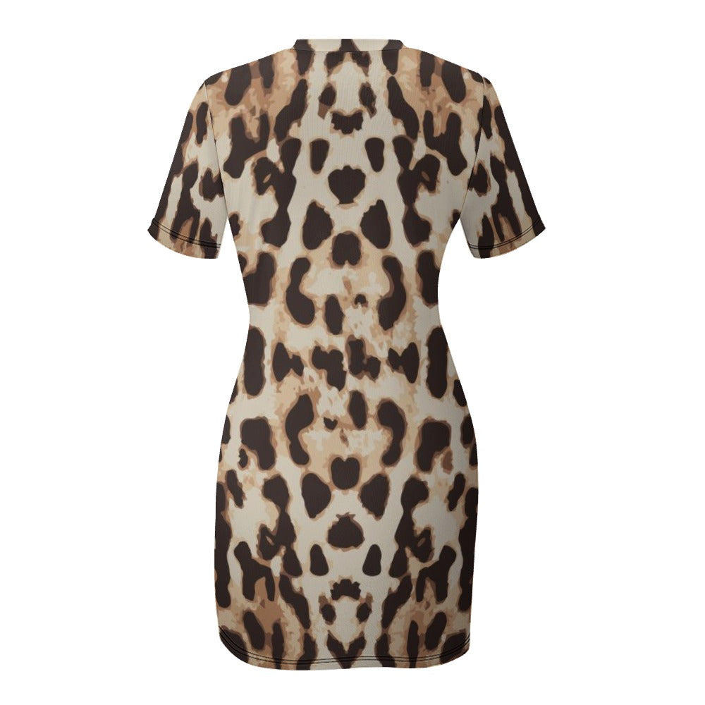 Lordela Leopard Print Crew Neck Short Sleeve Dress