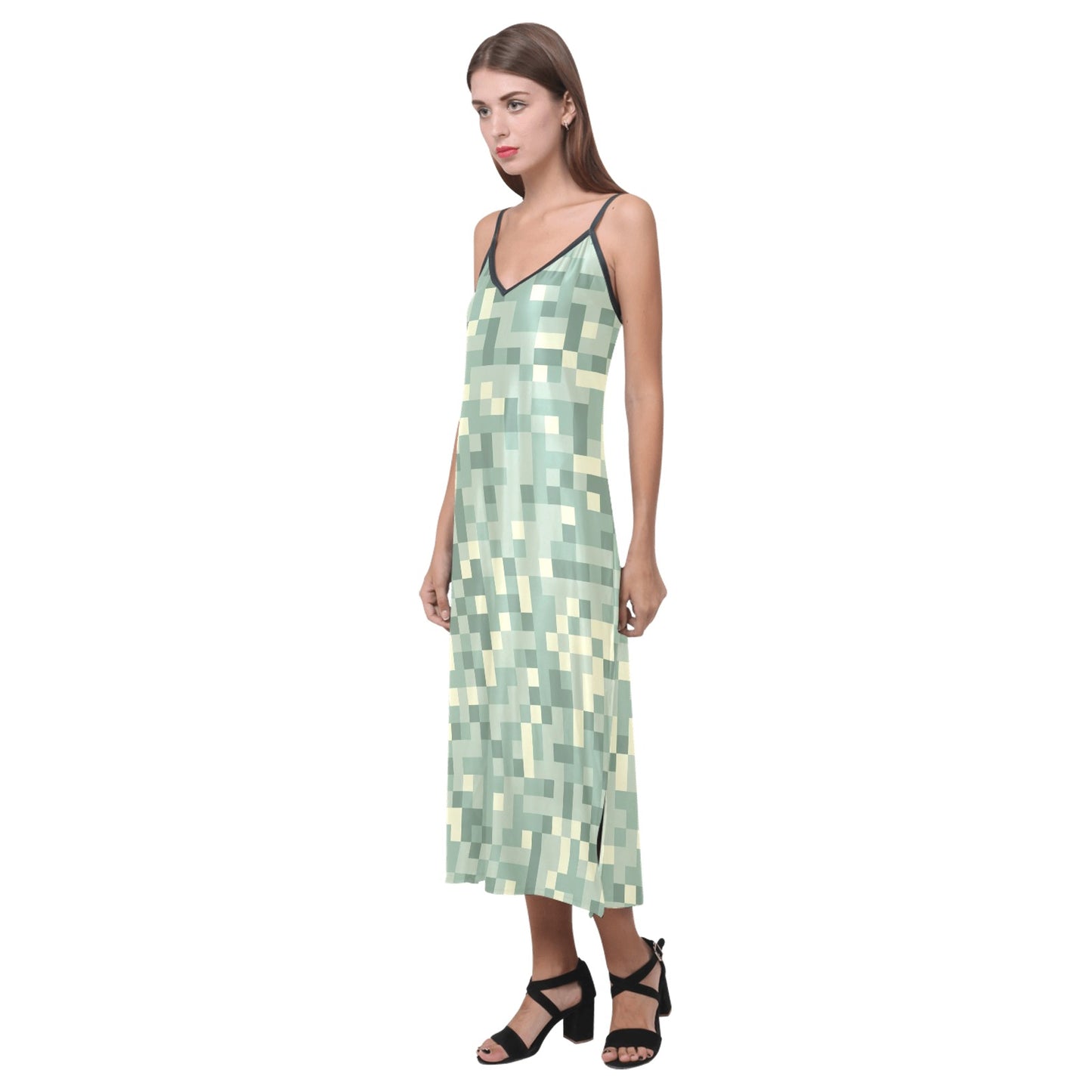 Lordela Pixilated V-Neck Open Fork Long Dress