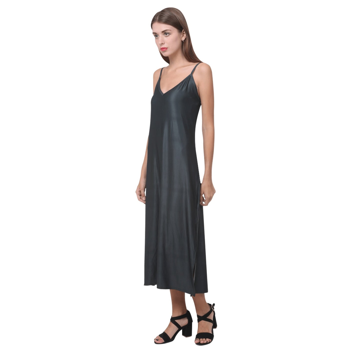 Lordela Black V-Neck Open Fork Long Dress